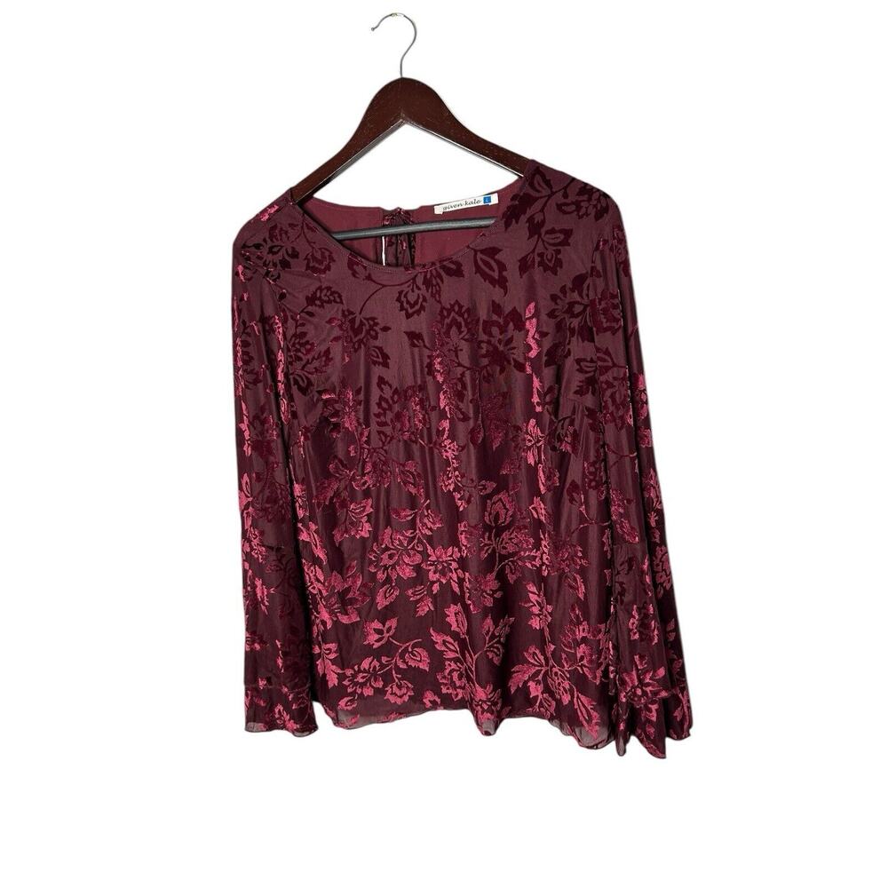 GIVEN KALE Sz L Burgundy Sheer Lace Floral Velvet Overlay‎ Blouse Ruffle Bell LS